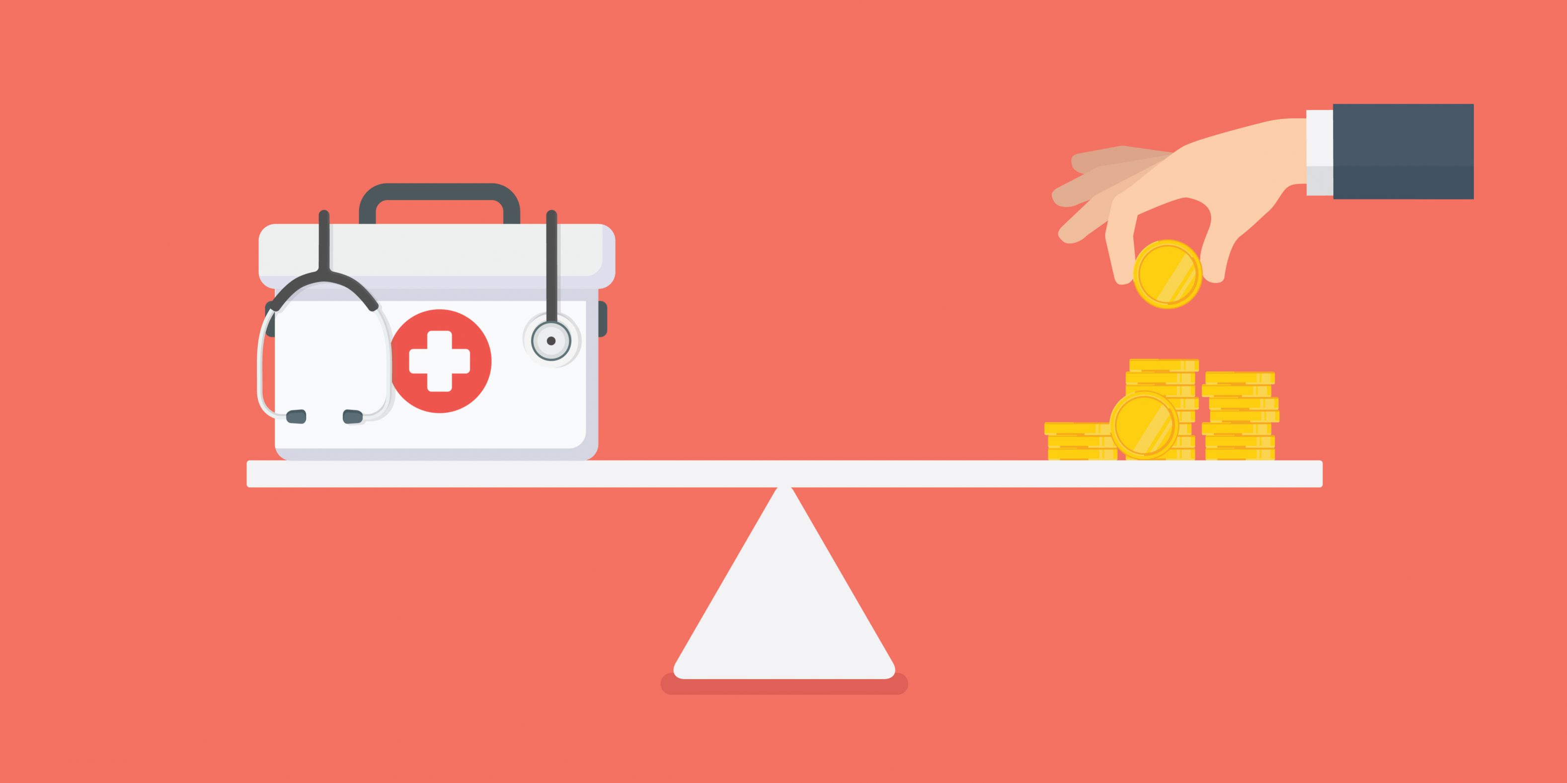 Health care costs or medical insurance, Medical box with stethoscope and stack of money on the scale