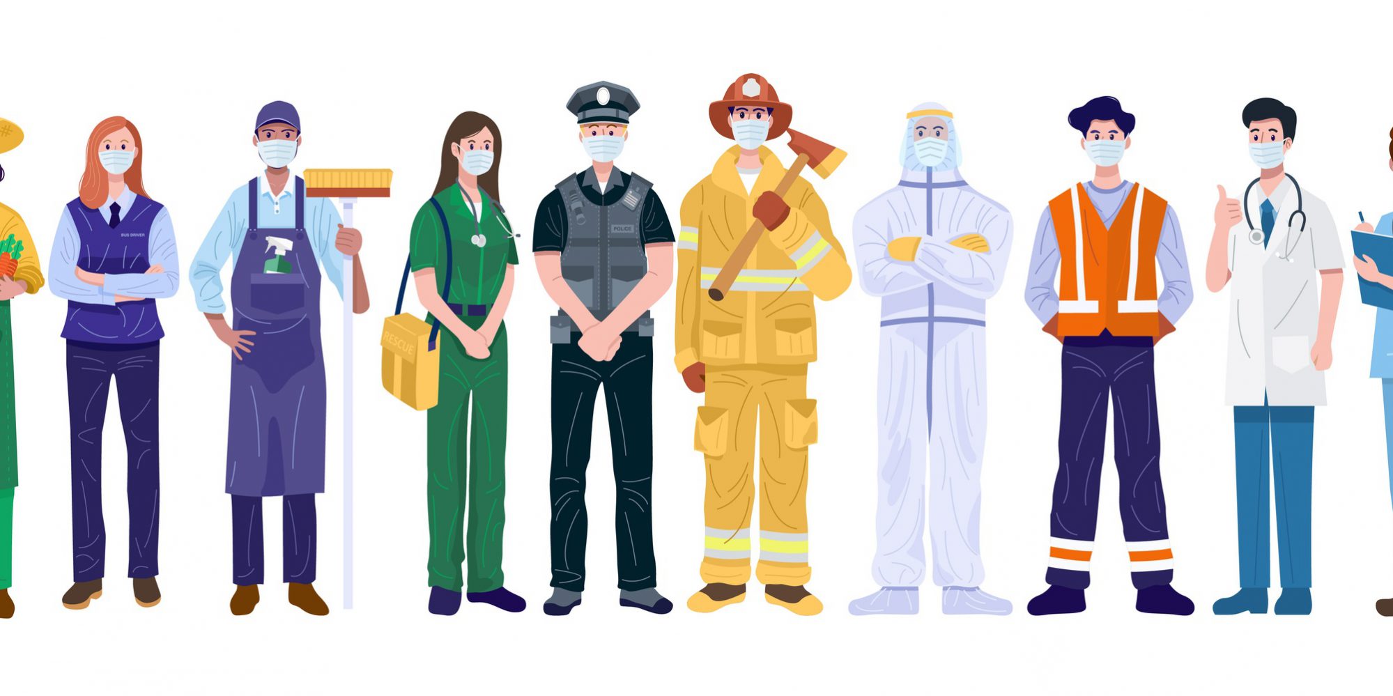 Thank You Essential Workers Concept. Various occupations people wearing face masks. Vector