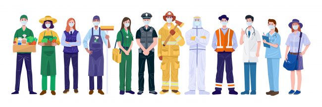 Thank You Essential Workers Concept. Various occupations people wearing face masks. Vector